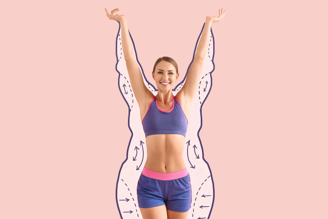 Happy Sporty Woman after Weight Loss on Color Background