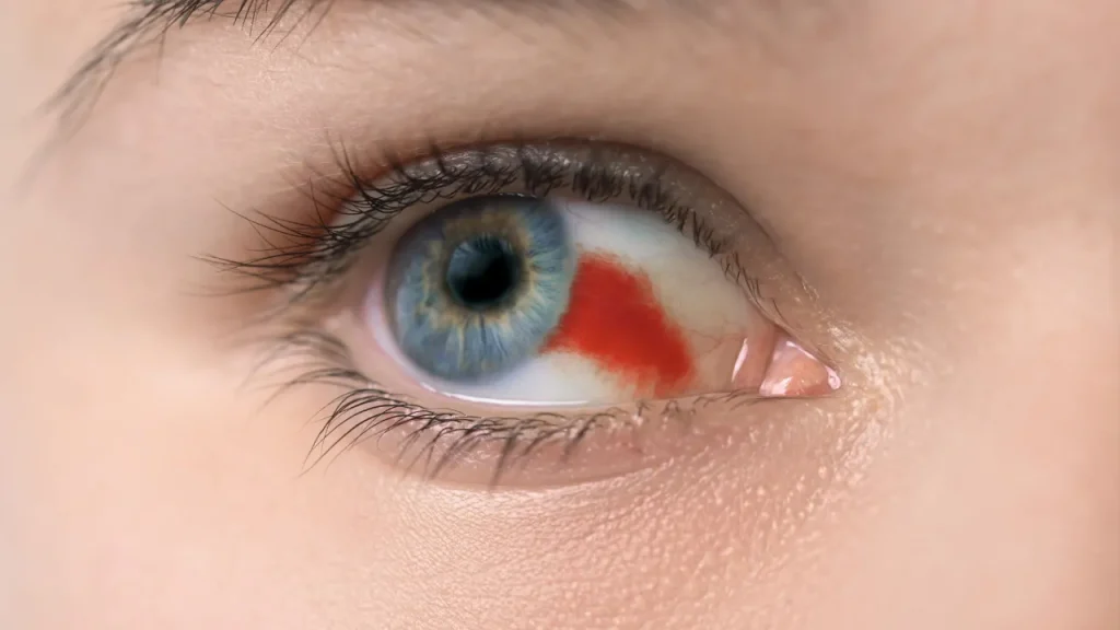 Damaged blood vessels in eye.